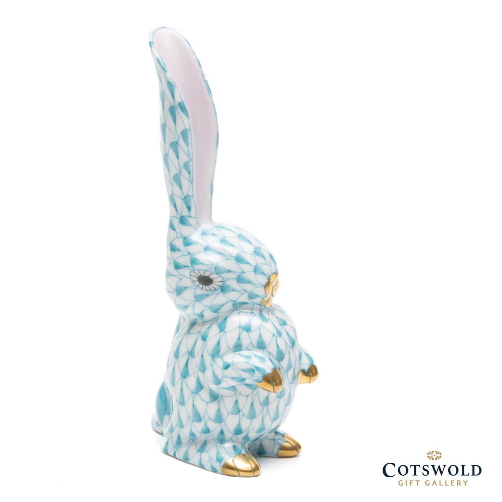 Herend Porcelain Rabbit With One Ear Up Turquoise 2 1024x1024